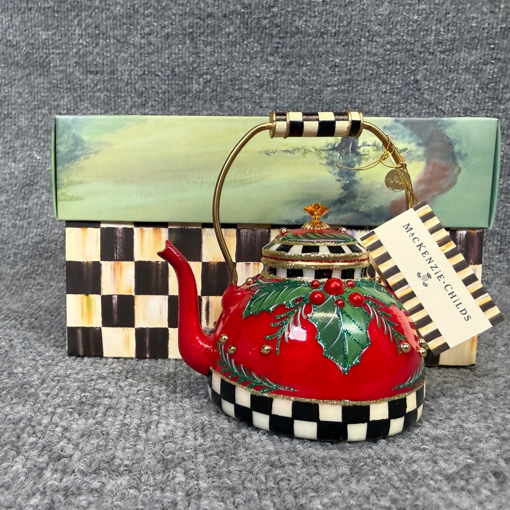 MacKenzie Childs Holiday Tea Kettle Red Flower Check Gold Christmas Decorative